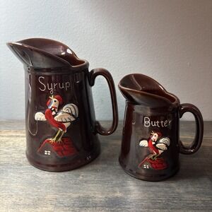 Vtg 50s Redware Rooster Pottery Pancake Pitchers Syrup Butter Set Of 2 Japan
